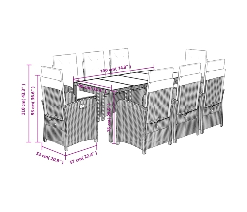 Set comedor jardín 9 pzas y cojines ratán sintético gris