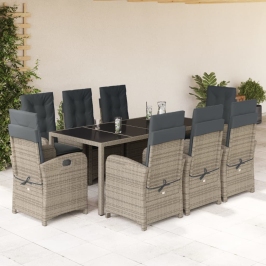 Set comedor jardín 9 pzas y cojines ratán sintético gris