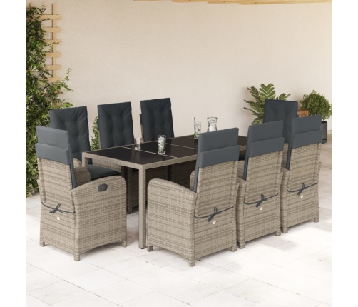 Set comedor jardín 9 pzas y cojines ratán sintético gris