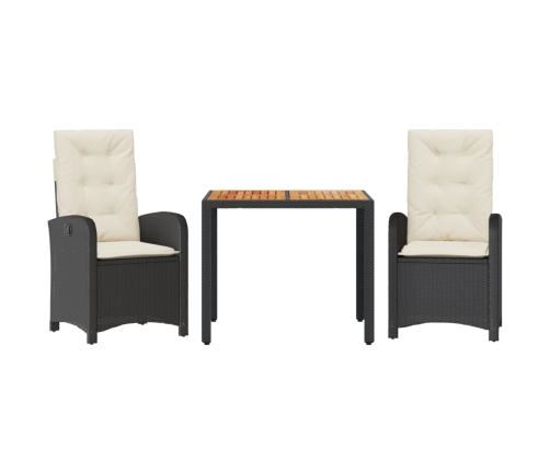 Set comedor de jardín 3 pzas con cojines ratán sintético negro