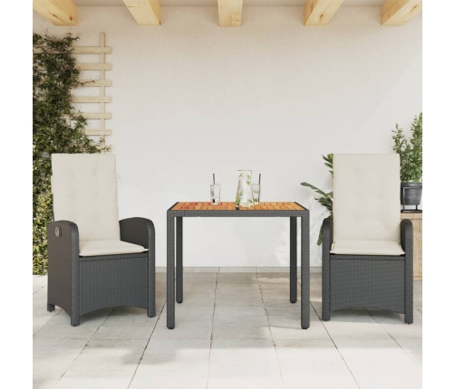 Set comedor de jardín 3 pzas con cojines ratán sintético negro