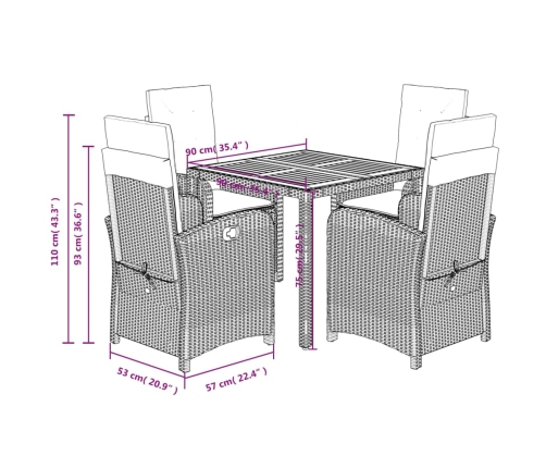 Set de muebles jardín 5 pzas con cojines ratán sintético negro