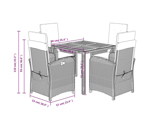 Set de muebles jardín 5 pzas con cojines ratán sintético negro