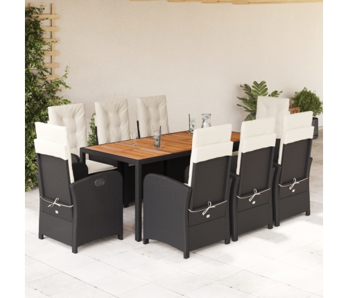 Set de comedor de jardín 9 pzas y cojines ratán sintético negro