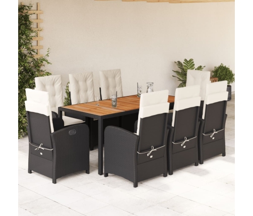 Set de comedor de jardín 9 pzas y cojines ratán sintético negro