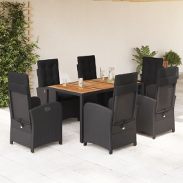 Set de comedor de jardín 7 pzas y cojines ratán sintético negro