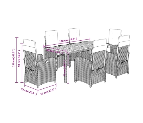 Set de comedor de jardín 7 pzas y cojines ratán sintético negro