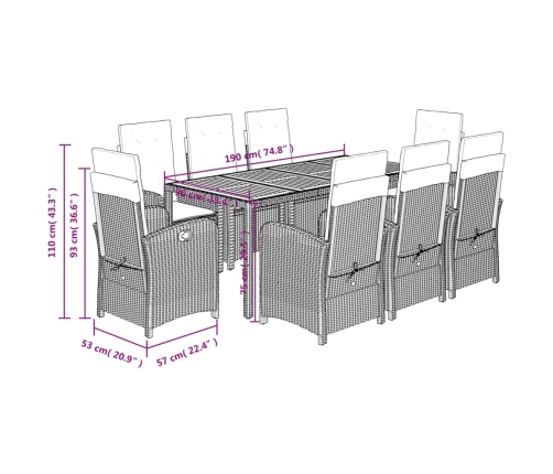 Set de comedor de jardín 9 pzas y cojines ratán sintético negro