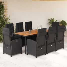 Set de comedor de jardín 9 pzas y cojines ratán sintético negro