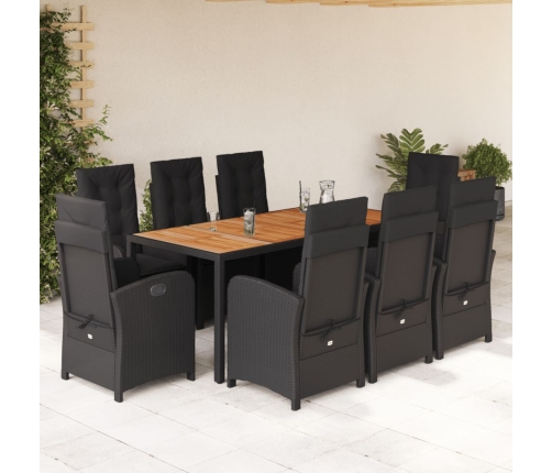 Set de comedor de jardín 9 pzas y cojines ratán sintético negro