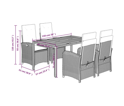 Set comedor de jardín 5 piezas con cojines ratán sintético gris