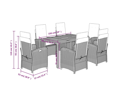 Set comedor jardín 7 pzas y cojines ratán sintético gris