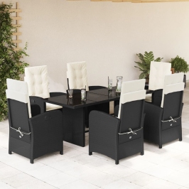 Set de comedor de jardín 7 pzas y cojines ratán sintético negro