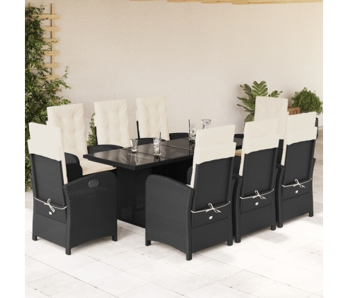 Set de comedor de jardín 9 pzas y cojines ratán sintético negro