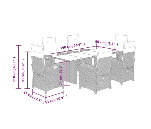 Set de comedor de jardín 7 pzas y cojines ratán sintético negro