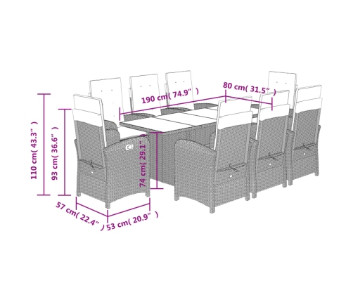 Set de comedor de jardín 9 pzas y cojines ratán sintético negro