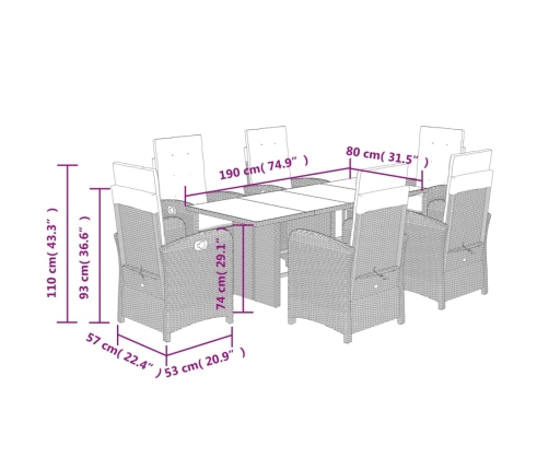Set comedor de jardín 7 pzas con cojines ratán sintético marrón