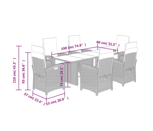 Set comedor jardín 7 pzas y cojines ratán sintético gris