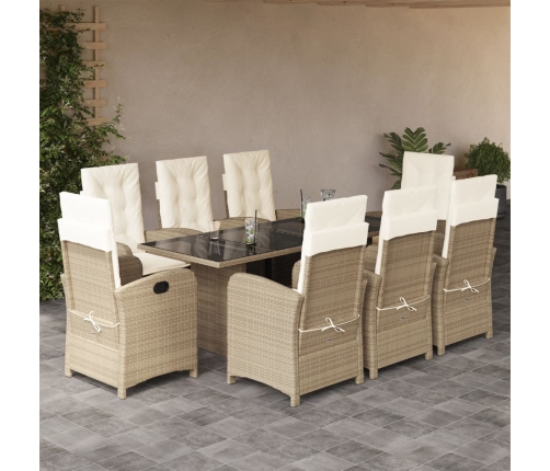Set comedor de jardín 9 pzas con cojines ratán sintético beige