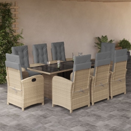 Set comedor de jardín 9 pzas con cojines ratán sintético beige