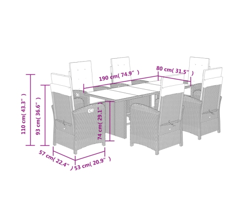 Set comedor jardín 7 pzas y cojines ratán sintético gris claro