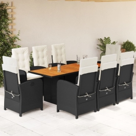 Set de comedor de jardín 9 pzas y cojines ratán sintético negro