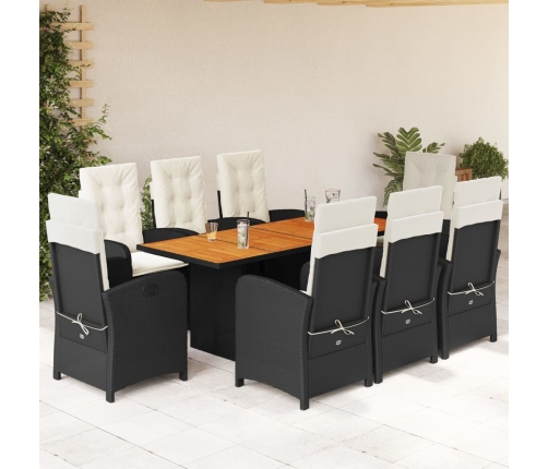 Set de comedor de jardín 9 pzas y cojines ratán sintético negro
