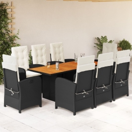 Set de comedor de jardín 9 pzas y cojines ratán sintético negro