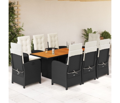 Set de comedor de jardín 9 pzas y cojines ratán sintético negro