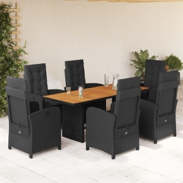 Set de comedor de jardín 7 pzas y cojines ratán sintético negro