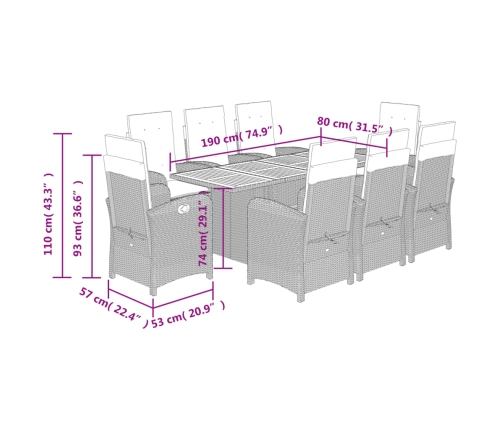 Set de comedor de jardín 9 pzas y cojines ratán sintético negro