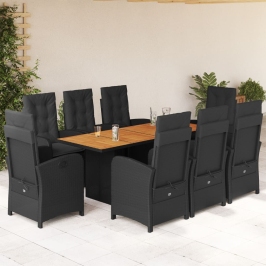 Set de comedor de jardín 9 pzas y cojines ratán sintético negro