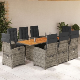 Set comedor jardín 9 pzas y cojines ratán sintético gris