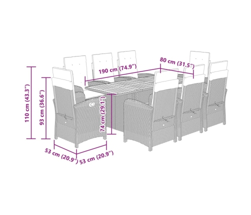 Set comedor de jardín 9 pzas con cojines ratán sintético beige