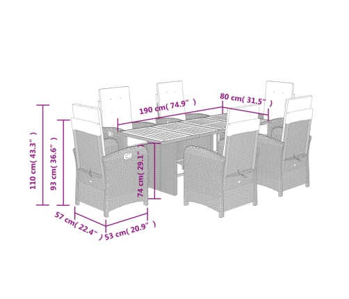 Set comedor de jardín 7 pzas con cojines ratán sintético beige