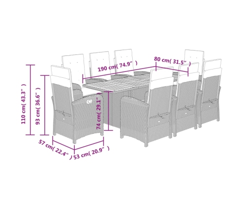 Set comedor de jardín 9 pzas con cojines ratán sintético beige