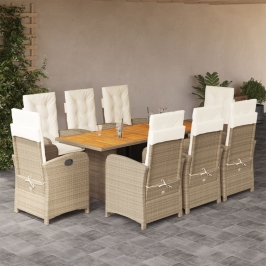 Set comedor de jardín 9 pzas con cojines ratán sintético beige