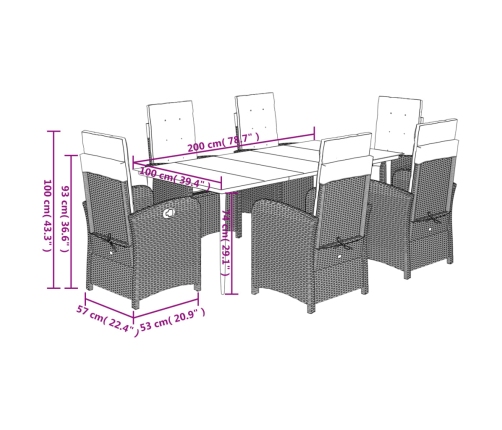 Set de comedor de jardín 7 pzas y cojines ratán sintético negro