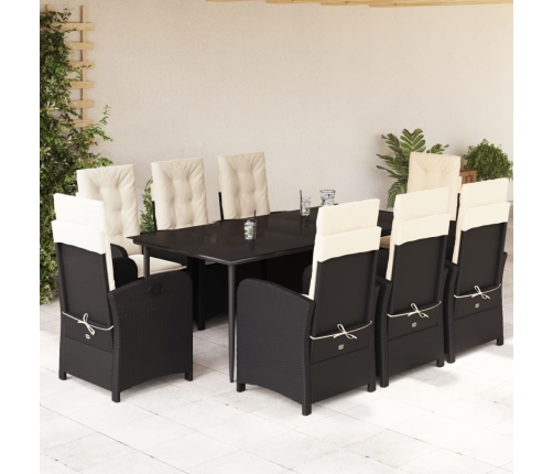Set de comedor de jardín 9 pzas y cojines ratán sintético negro