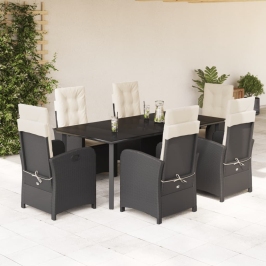 Set de comedor de jardín 7 pzas y cojines ratán sintético negro