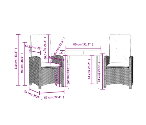 Set comedor de jardín 3 pzas con cojines ratán sintético negro