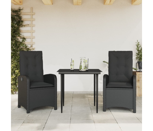 Set comedor de jardín 3 pzas con cojines ratán sintético negro