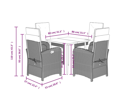 Set de muebles jardín 5 pzas con cojines ratán sintético negro