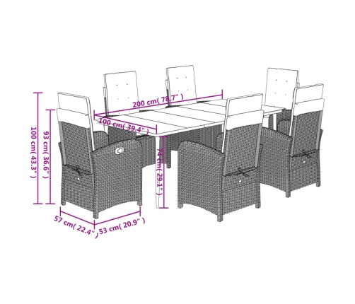 Set de comedor de jardín 7 pzas y cojines ratán sintético negro