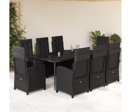 Set de comedor de jardín 9 pzas y cojines ratán sintético negro