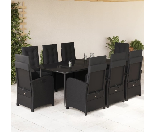 Set de comedor de jardín 9 pzas y cojines ratán sintético negro