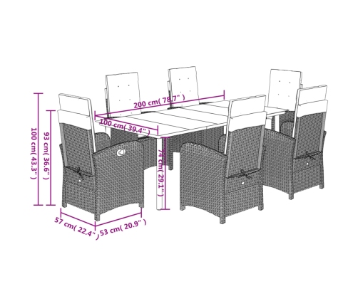 Set de comedor de jardín 7 pzas y cojines ratán sintético negro