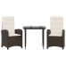 Set comedor de jardín 3 piezas y cojines ratán sintético marrón