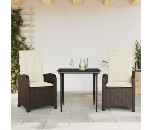 Set comedor de jardín 3 piezas y cojines ratán sintético marrón