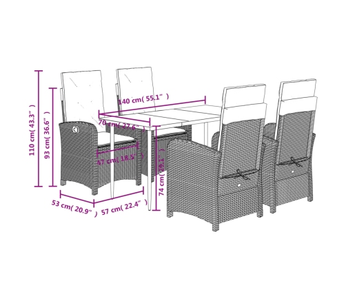Set comedor de jardín 5 piezas y cojines ratán sintético marrón